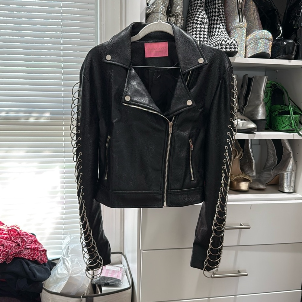 Azelea Wang faux leather moto jacket with metal o-rings on sleeves. Size M